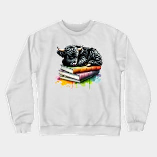 Watercolor Black Highland Cow And Books Crewneck Sweatshirt